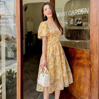 Đầm Xòe Thiết Kế Cổ Vuông Voan Hoa Phong Cách Công Sở HN503