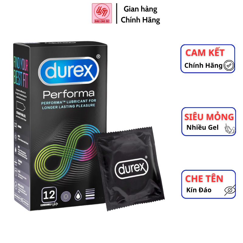 Bao cao su Durex Performa chống xuất tinh sớm kéo dài thời gian. Hộp 12 cái CHÍNH HÃNG