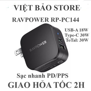 Củ sạc nhanh 30w 2 cổng ravpower rp-pc144 hỗ trợ pd/pps chân gập us