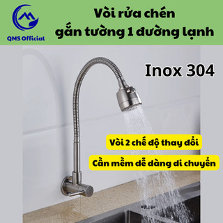 Vòi rửa bát gắn tường, Vòi rửa chén âm tường Chất liệu Inox 304 Cần Mềm 2 chế độ 1 đường Lạnh dễ dàng di chuyển QM.VR015