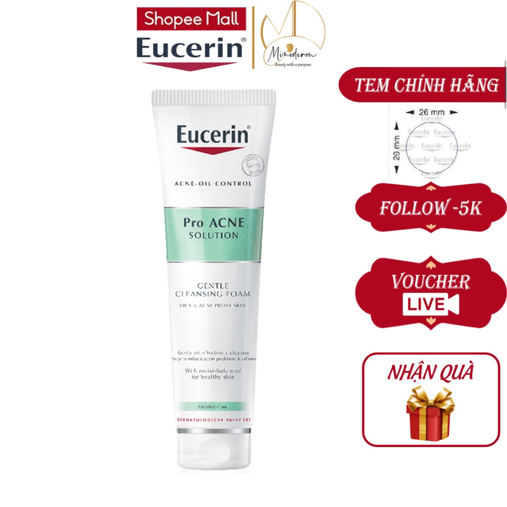 Sữa Rửa Mặt Tạo Bọt Eucerin Pro Acne Cleansing Foam Kiểm Soát Dầu & Sạch Sâu Cho Da Mụn 50g, 150g