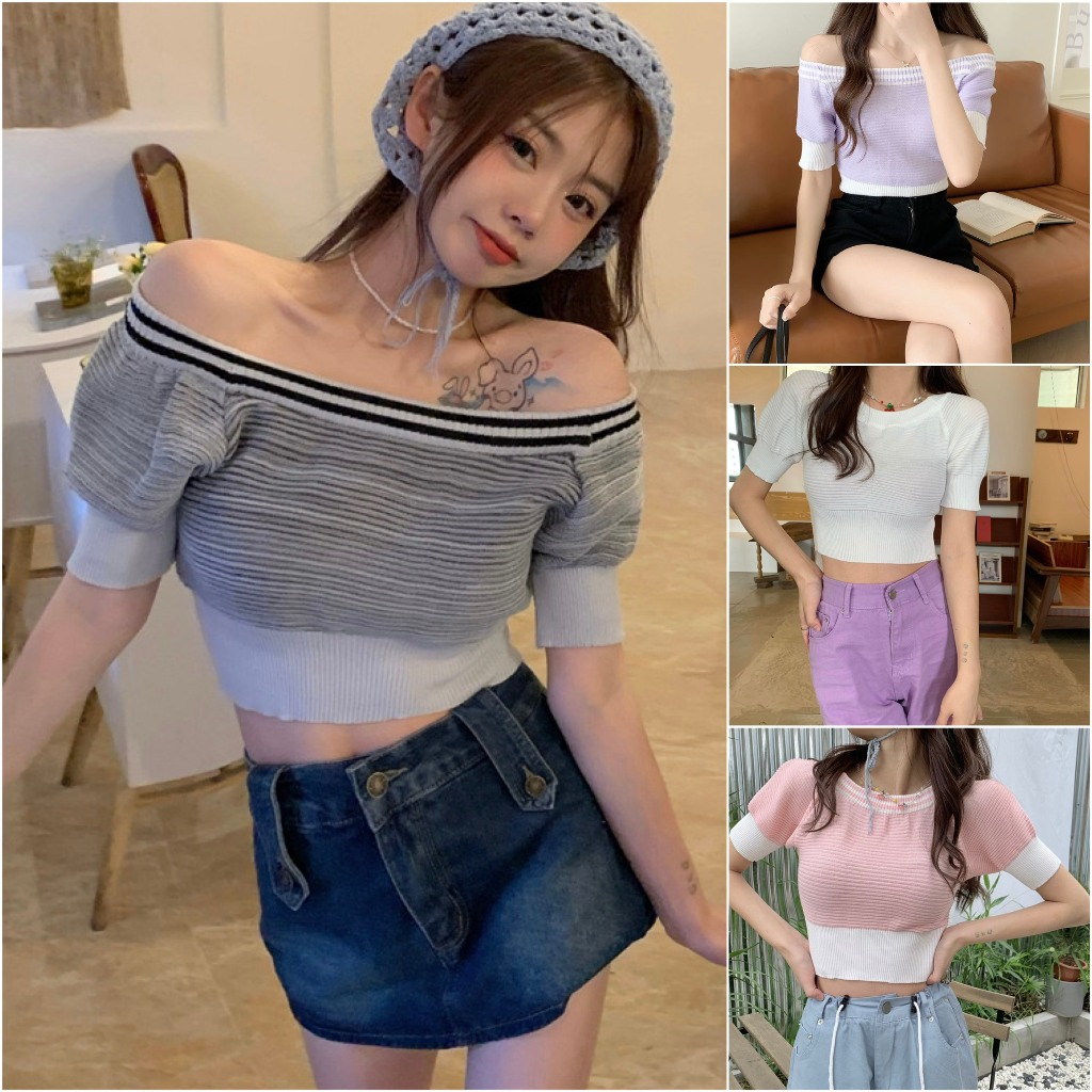 Áo len trễ vai tay bồng croptop nữ kiểu dáng ngắn ôm body bo tay bo gấu hàng dệt kim thời trang Quảng Châu cao cấp