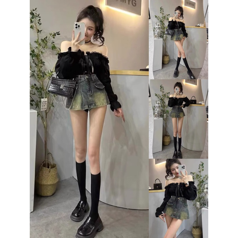 quần giả váy jean xếp li túi nắp kiểu ( jean cotton không co giãn)