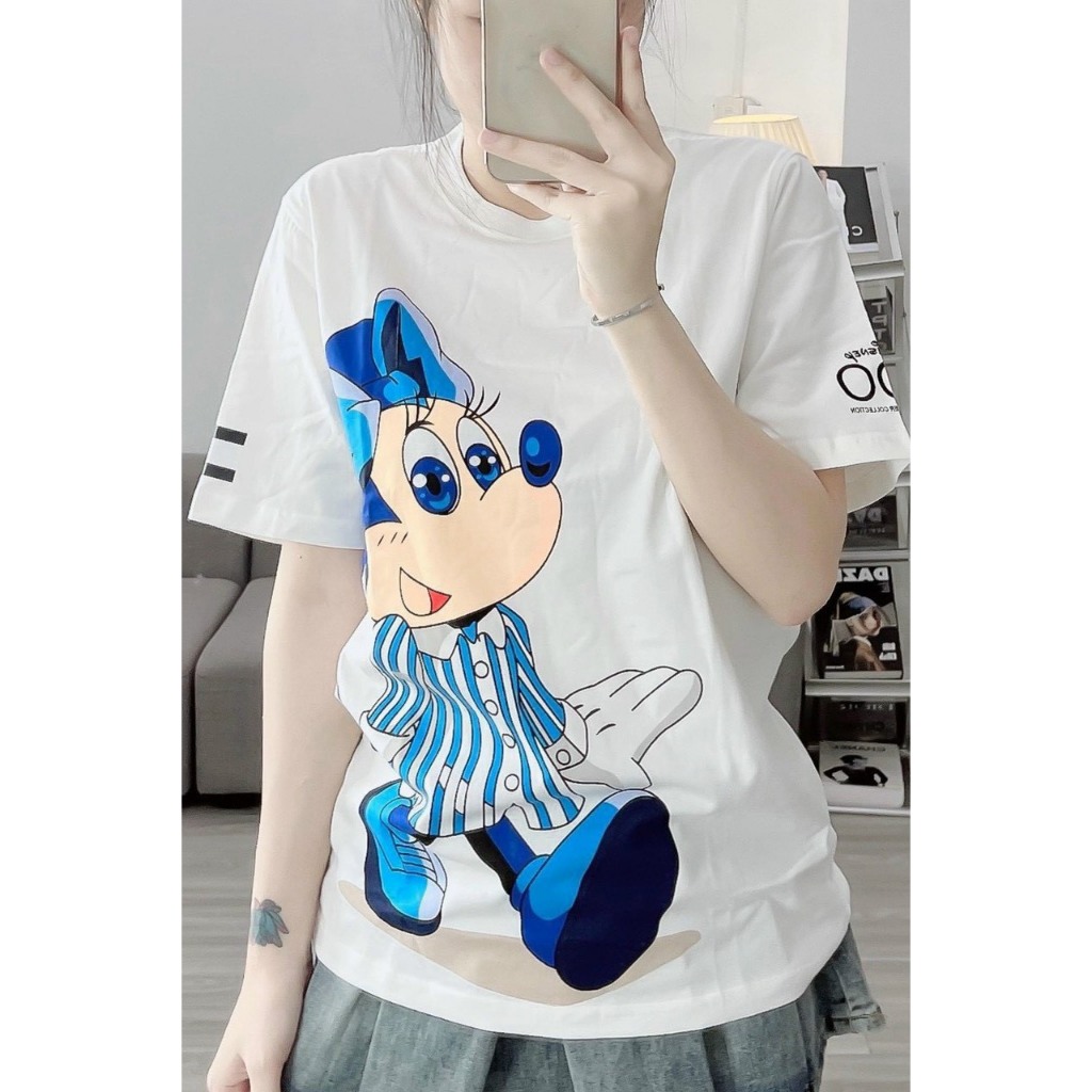 T752 ÁO PHÔNG TRẮNG MICKEY XANH COTTON KHÔ DÁNG RỘNG CHO NỮ