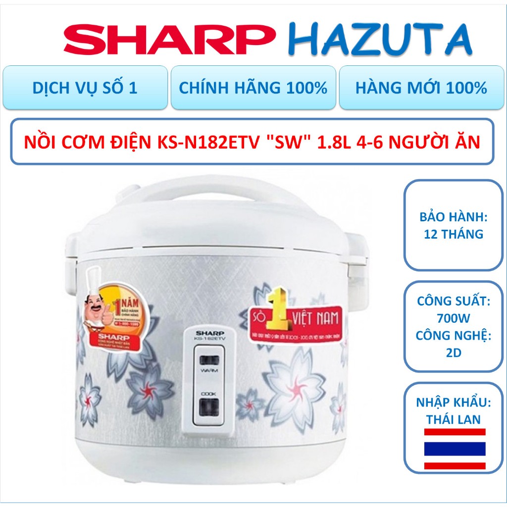 Nồi cơm điện Sharp KS-N182ETV 1.8 lít, nhập khẩu Thái Lan, thiết kế đẹp, bảo hành 12 tháng