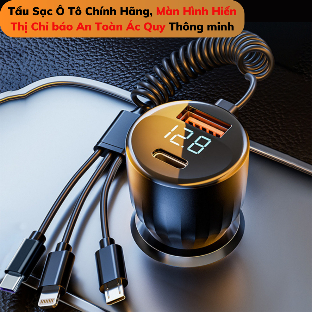 Tẩu Sạc Nhanh Ô Tô 66W DS-222 tích hợp dây sạc 3 đầu,hỗ trợ sạc nhanh Type-C 22.5W và QC4.0,Màn Hình Thông Minh