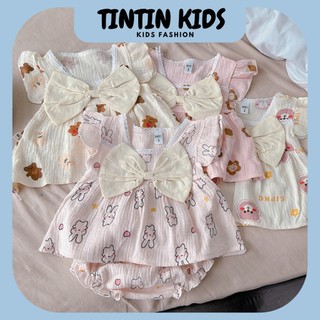 Bộ xô Pizama đính nơ cho bé gái nhiều họa tiết cho bé 6-14kg 