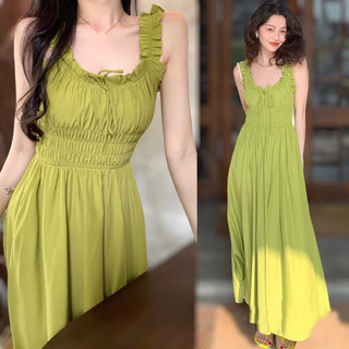 Đầm hai dây form dài, đầm maxi 2 dây dáng dài đi biển xanh cốm phong cách Hàn Quốc siêu xinh