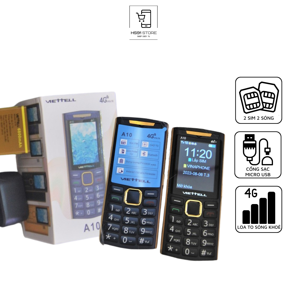 Điện thoại cho người già VIETTEL A10 4G 2 sim 2 sóng, Điện thoại pin trâu sóng khỏe loa to màn hình 