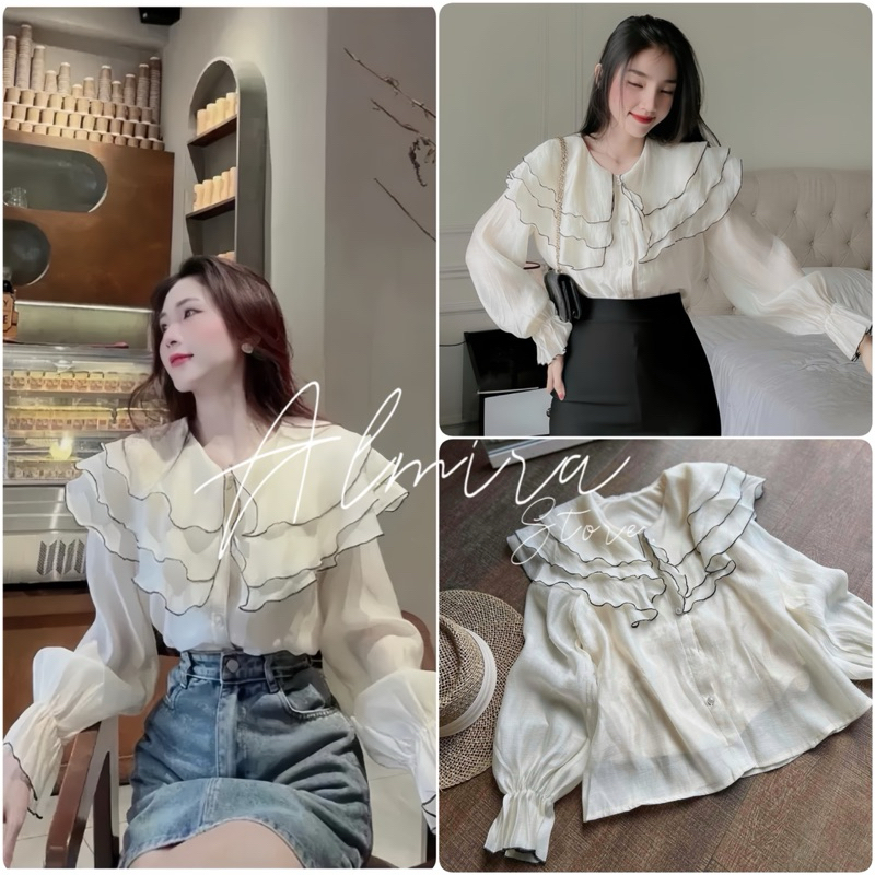 Áo Sơ Mi Von Bèo 3 Tầng Cổ Bánh Bèo Mềm Mại 2 Lớp