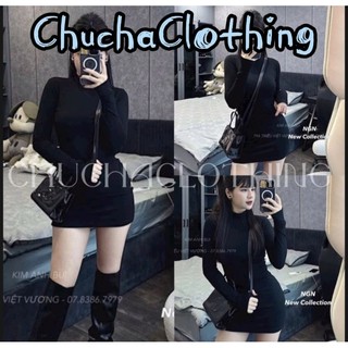 Váy Tăm Đen Xỏ Ngón Ôm Body Đầm Body Cổ 3p Dài Tay Freesize - Chuchaclothing
