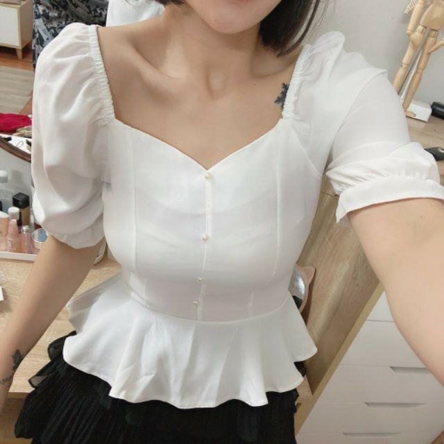 Áo nhún v khuy tay bồng bo chun