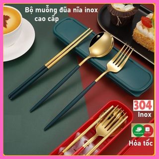 [HÀNG CAO CẤP]Set 3 Món Muỗng Đũa Nĩa  Bằng Thép Không Gỉ 304 Phủ Bóng Mạ Vàng Bạc Cao Cấp