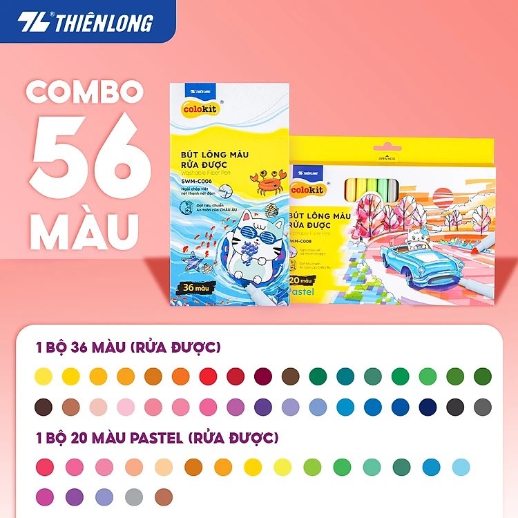 Combo Bút lông màu SWM-C006 và SWM-C008 Fiber Pen Thiên Long Colokit 56 màu rửa được an toàn sử dụng