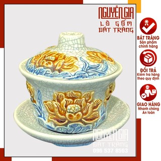 Bát sâm thờ cúng, bát thờ có nắp, bát sâm đựng trà, Hoa văn Sen, Rồng men rạn đắp nổi Đồ thờ Bát Tràng