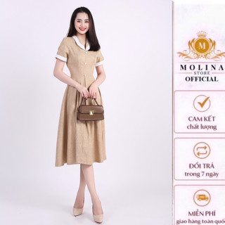 Đầm Xòe Thiết Kế Molina Chất Liệu Cotton, Cổ Và Tay Áo Viền Trắng Cách Điệu Phong Cách Sang Trọng Quý Phái