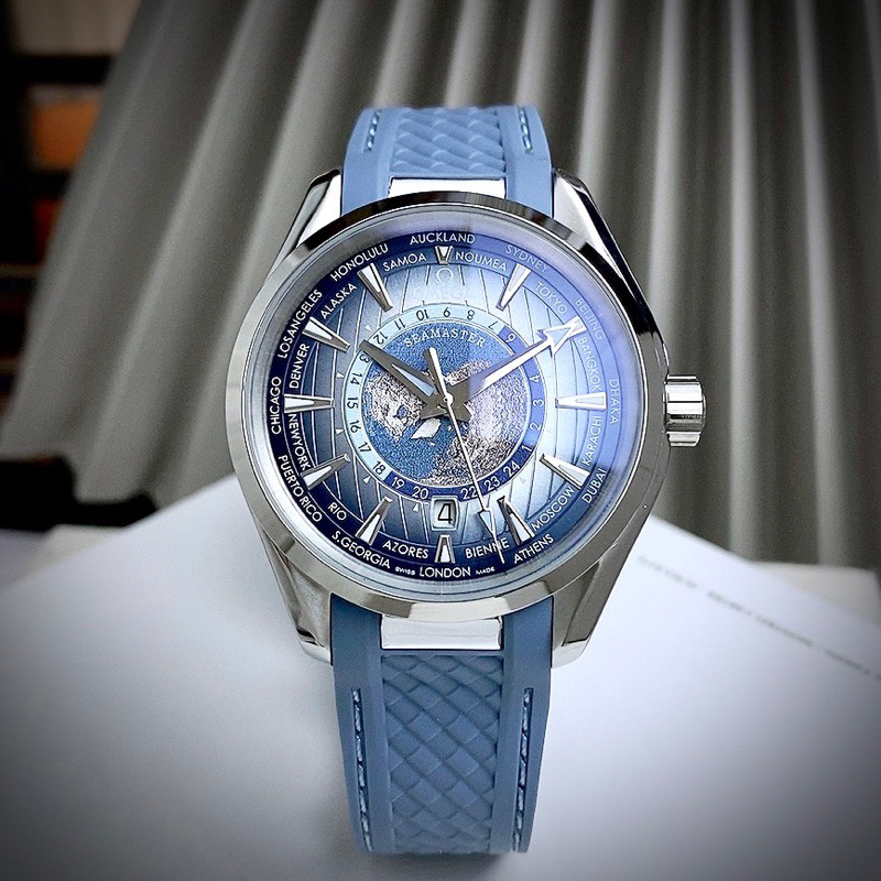 Đồng Hồ Nam Omegaa Máy Cơ (Automatic) Mặt Tròn Dây Silicon Xanh Mặt Xanh Siz 41mm