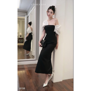 Váy đầm dài midi phối cổ trắng trễ vai lệch vai