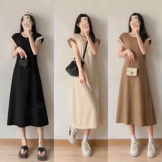 Váy suông phối viền cổ dáng xòe chữ A chất cotton mát mịn nâu be đen, Đầm thun dài maxi trơn bassic dễ thương hàn quốc