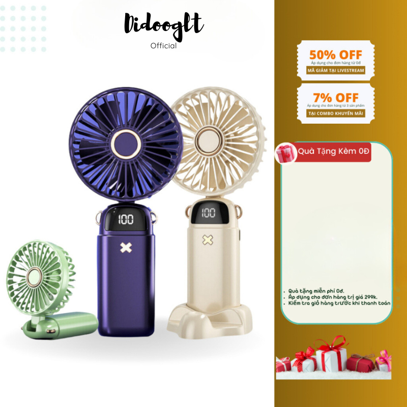 Quạt cầm tay mini gấp gọn 5 cấp độ gió sạc pin tiện dụng, dung lượng pin 6000mAh đèn led báo pin xoay 90 độ - Didooglt