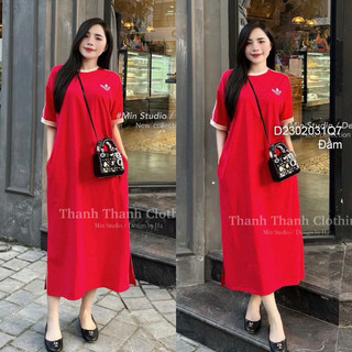 Đầm đỏ dáng suông dài cổ tròn tay con phối viền sọc!
