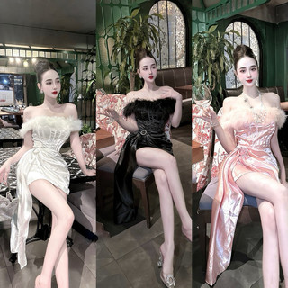 ĐẦM LỤA TRỄ VAI LÔNG DỰ TIỆC HÌNH THẬT