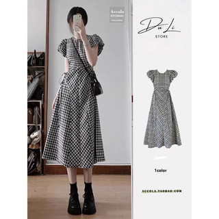 (ORDER)- Váy nữ tay phồng kẻ sọc khuyết eo vintage kiểu Pháp Mẫu mới 2024