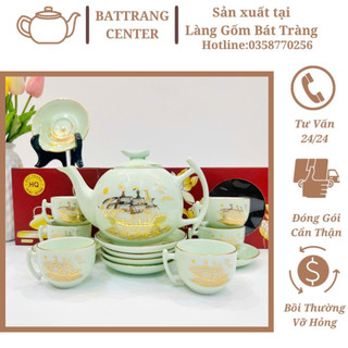 (6 MẪU) Bộ Ấm Chén Pha Trà Bát Tràng-men Ngọc vẽ vàng kim Thuận Buồm Xuôi Gió-Sen Chuồn,dáng ấm Bưởi