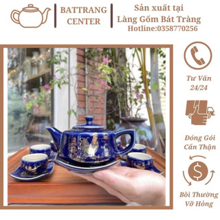 Bộ Ấm Chén Pha Trà Bát Tràng-men Xanh Hoả Biến vẽ vàng Kim Kê Đại Cát,dáng ấm Tre