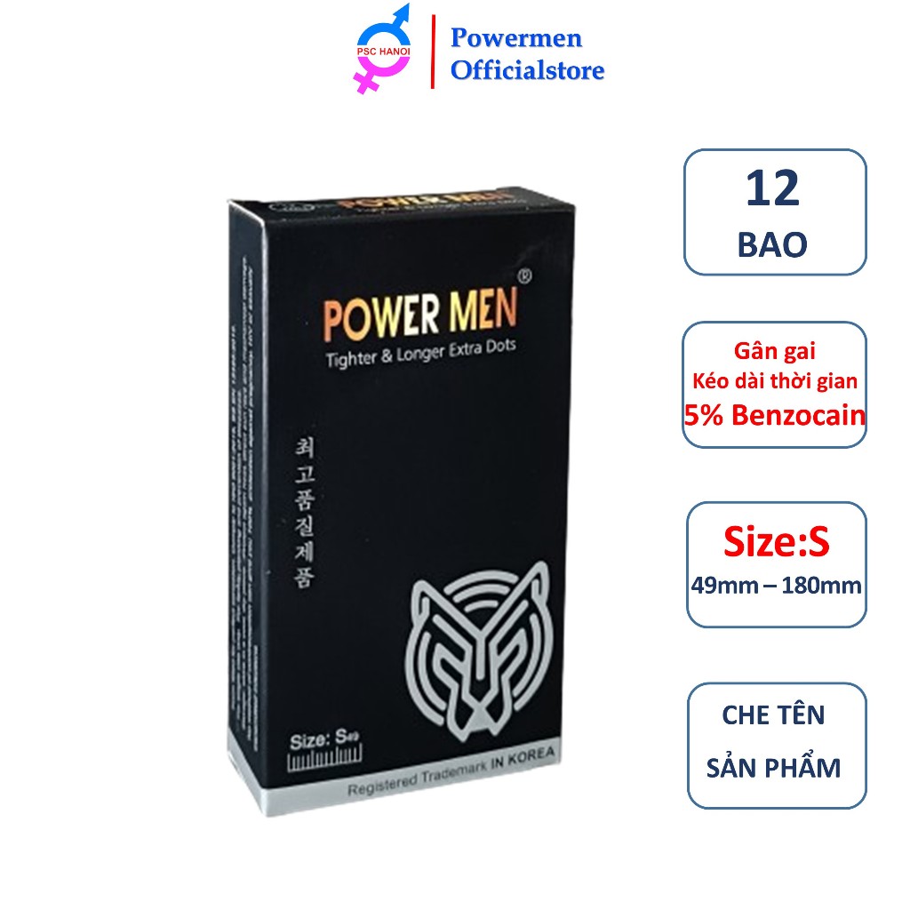 Bao cao su powermen Gân gai tăng khoái cảm size nhỏ 49mm chứa 5% Benzocain kéo dài thời gian kiểu dáng 3D ôm khít