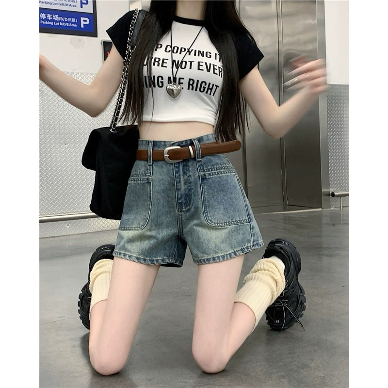Quần Short Xixaoshop Ống Rộng Cho Nữ Jean Ống Lưng Cao Phối Túi Trước Phong Cách Ulzzang S001