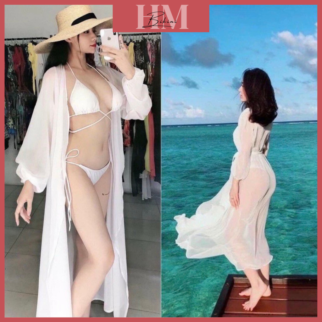 Áo choàng ngoài bikini dáng dài kimono