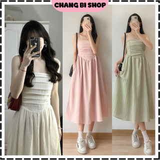 Đầm hai dây dáng dài cúp ngực xếp ly mặc 2 kiểu nữ tính, Đầm babydoll lưng chun 2 lớp chất đũi gân mềm mại Changbishop