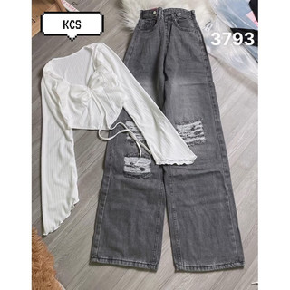 Kcs⭐set baggy jeans xám đai nút rách+ áo rút dây tay loe trắng