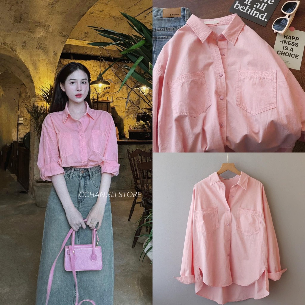 Áo sơ mi tay dài trơn basic chất thô mềm 2 túi ngực | BigBuy360 - bigbuy360.vn