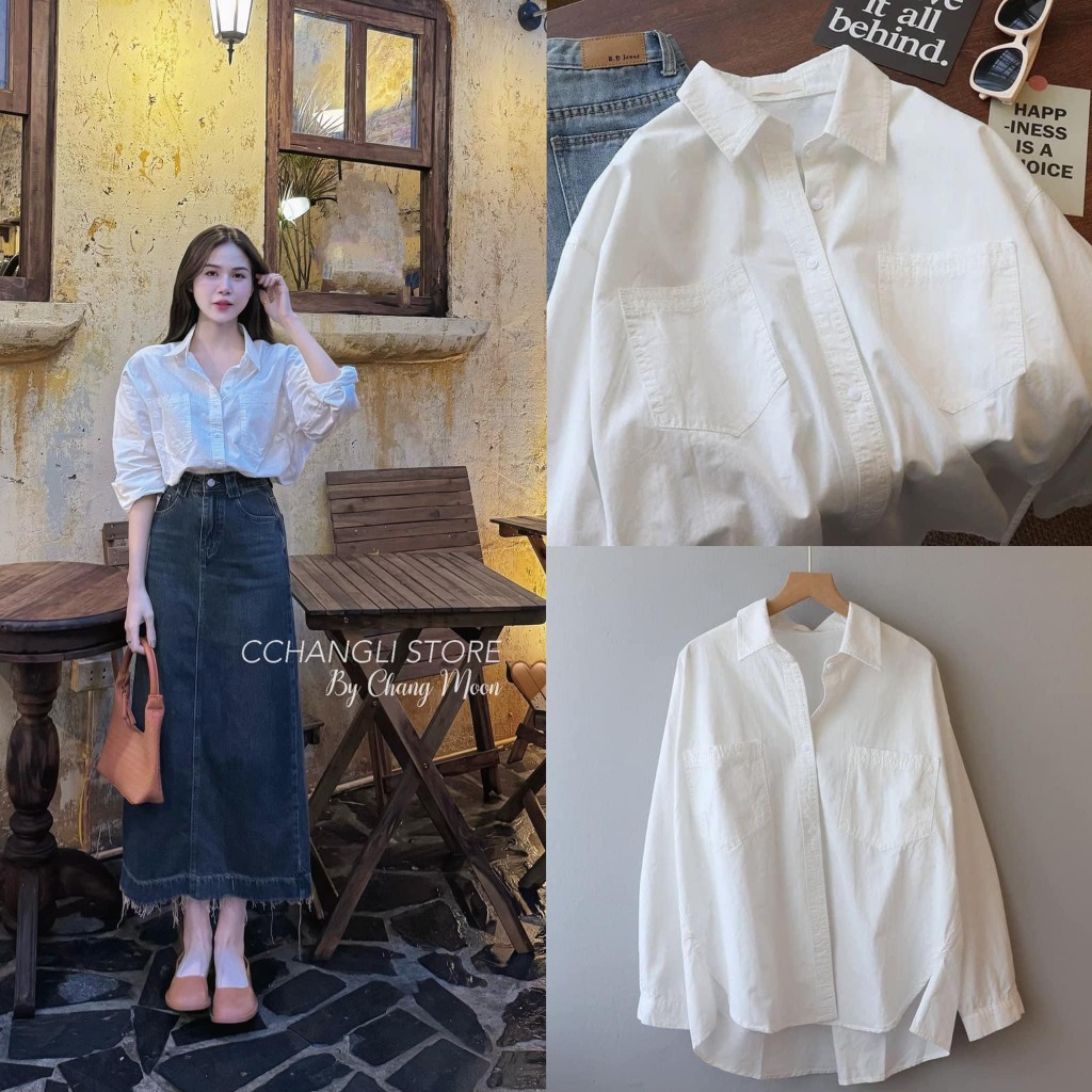 Áo sơ mi tay dài trơn basic chất thô mềm 2 túi ngực | BigBuy360 - bigbuy360.vn