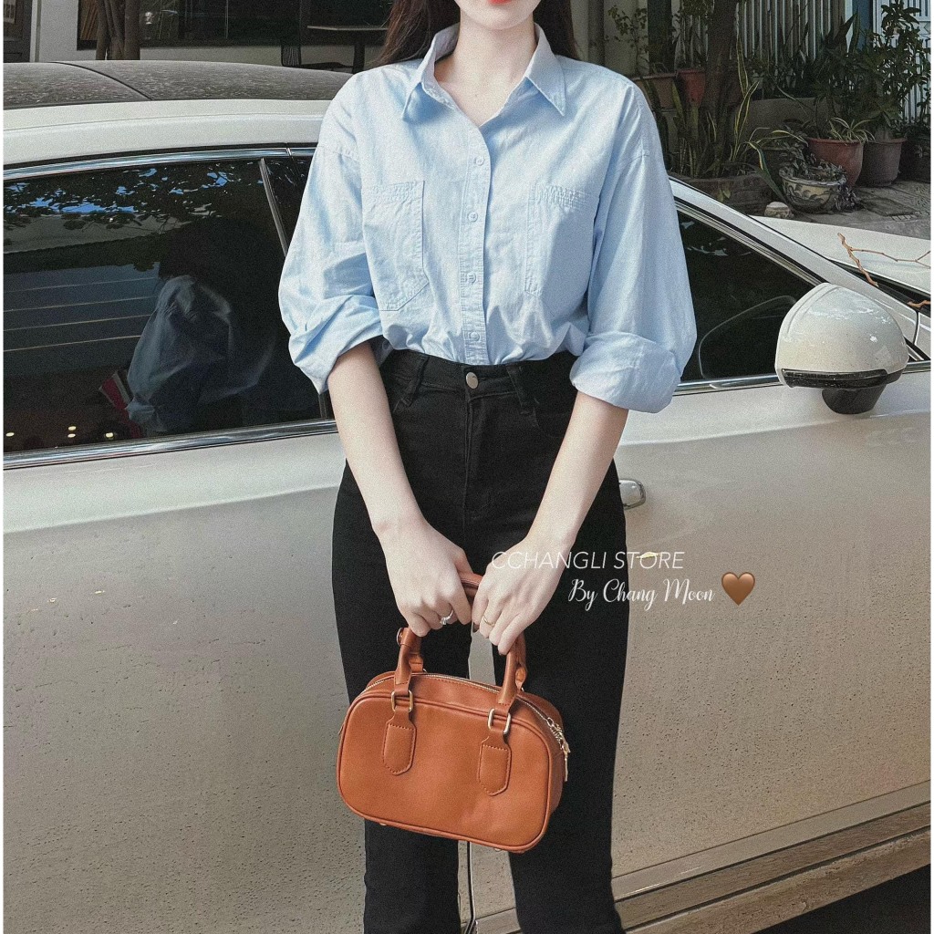 Áo sơ mi tay dài trơn basic chất thô mềm 2 túi ngực | BigBuy360 - bigbuy360.vn