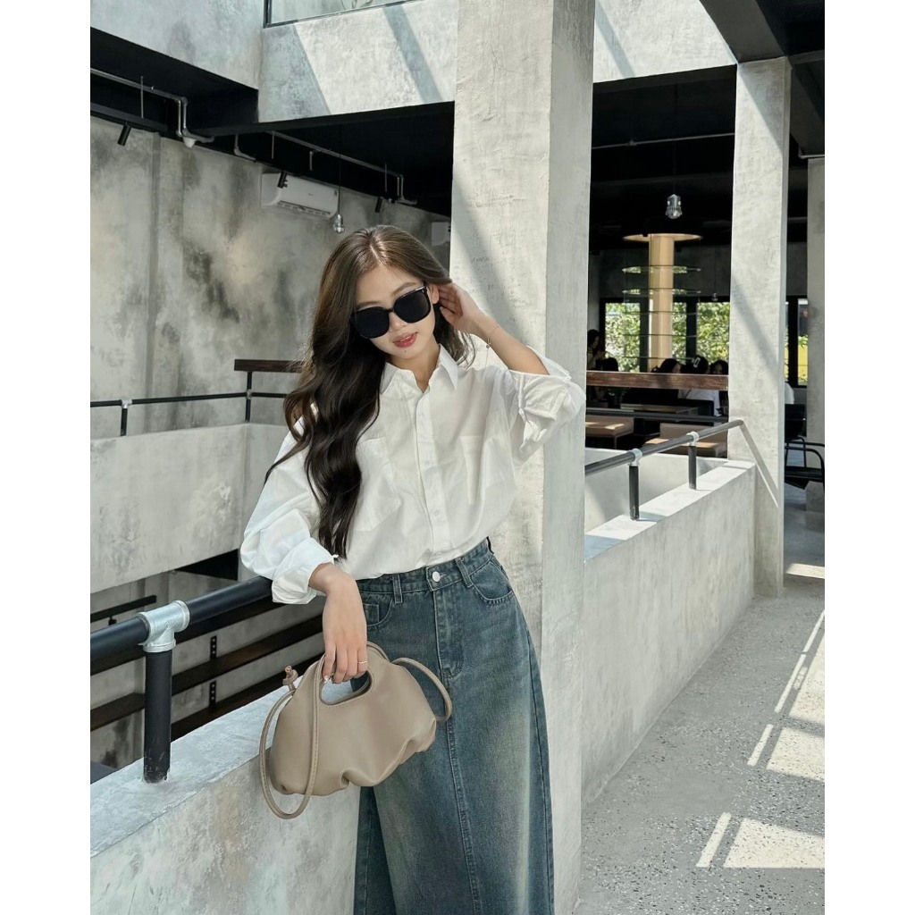 Áo sơ mi tay dài trơn basic chất thô mềm 2 túi ngực | BigBuy360 - bigbuy360.vn