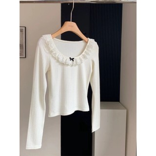  ÁO THUN DÀI TAY TRƠN LỖ HOA CỔ REN NƠ (không đệm) coquette
