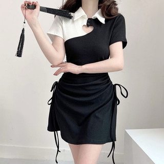 Đầm phối đen trắng trái tim rút hông xòe bigsize