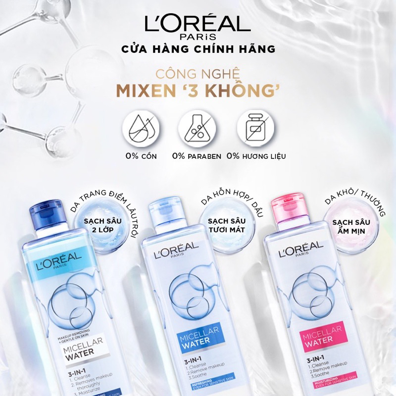 (CHÍNH HÃNG) Nước Tẩy Trang L'Oreal Paris 3-in-1 Micellar Water 400ml, Nước tẩy trang Loreal dành cho da dầu, da khô | BigBuy360 - bigbuy360.vn