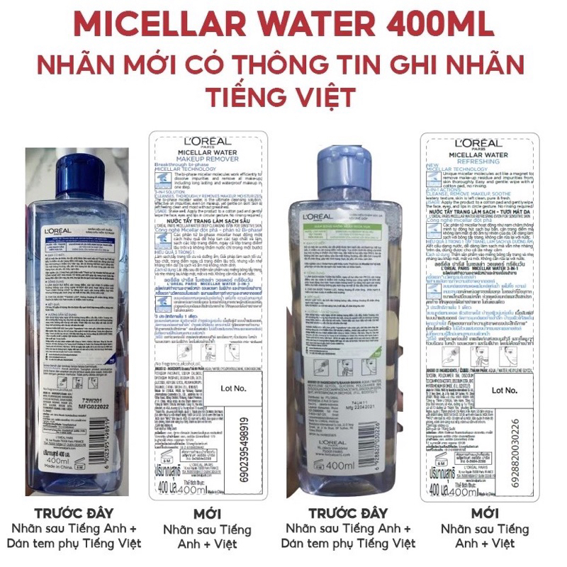 (CHÍNH HÃNG) Nước Tẩy Trang L'Oreal Paris 3-in-1 Micellar Water 400ml, Nước tẩy trang Loreal dành cho da dầu, da khô | BigBuy360 - bigbuy360.vn