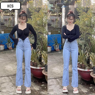 Set quần jeans ống loe nữ xanh nhạt+ áo rút dây tay loe đen