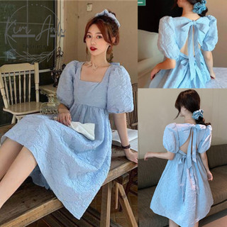 Váy hở lưng - Váy gấm tay bồng cổ vuông thắt nơ lưng Hottrend, Đầm nữ vải gấm Quảng Châu