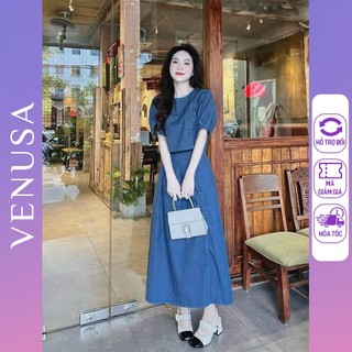 Set đồ nữ BIGSIZE áo kiểu cúc bọc mix chân váy xòe nhẹ xẻ tà Venusa Store