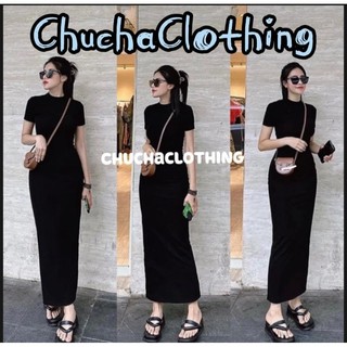 Đầm body nữ dáng dài tay ngắn cổ tròn cao 3 phân chất thun cotton 4 chiều, xẻ sau - Chuchaclothing