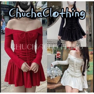 Đầm xốp trễ vai tay dài ôm body nhún tùng ngắn xoè Váy tiểu thư trễ vai dáng xoè Đầm bẹt vai tay dài- Chuchaclothing