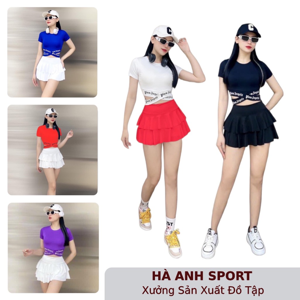 Set váy tập gym, yoga, aerobic - Chân váy 2 tầng phối áo cạp chữ chất mát co giãn 4 chiều