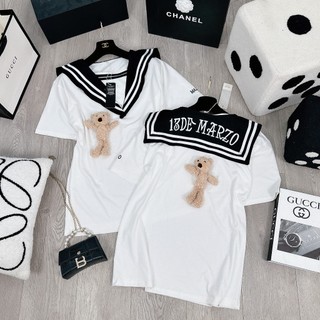 Áo thun Thủy Thủ đính gấu siêu xinh, áo thun cổ tròn dáng dài rộng chất cotton dày dặn.