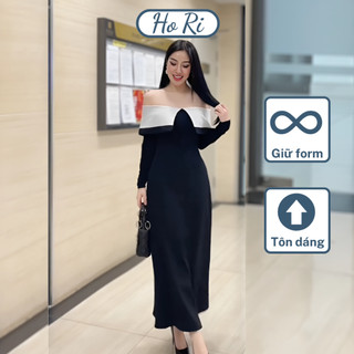 Váy trễ vai dáng dài tay dài diện tết xinh, đầm xòe tiểu thư màu đỏ đen phù hợp đi tiệc đi chơi - Hori Store